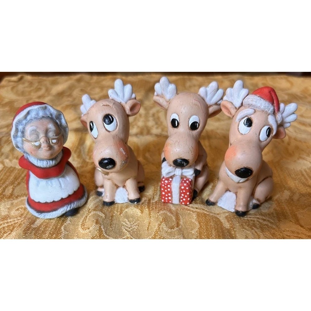Vintage 1970s Kitsch Ceramic Christmas Reindeer & Mrs Claus Figurine Lot of 4